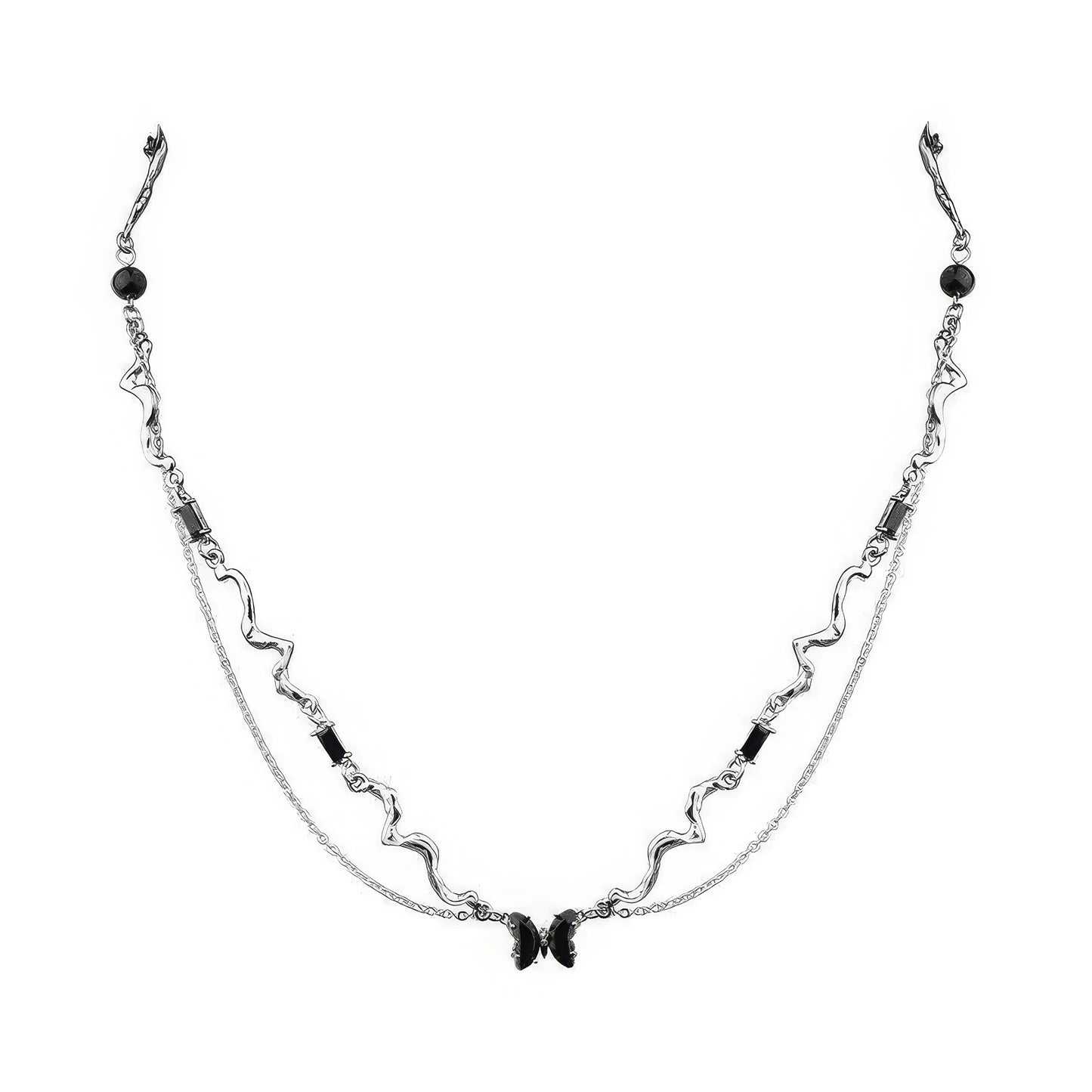 Black zircon butterfly necklace, isolated on white background, highlighting the double - layer structure