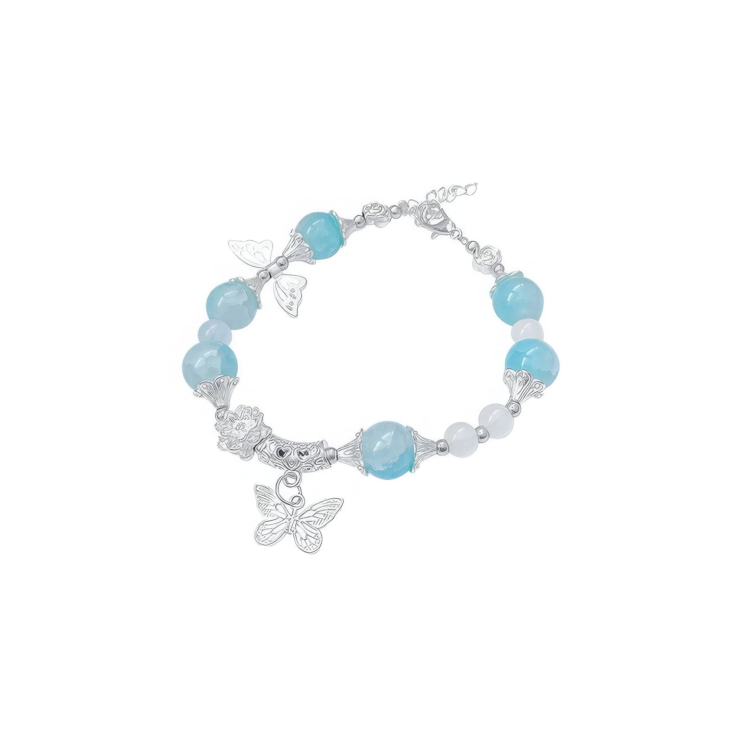Blue butterfly beaded bracelet, isolated on white background, showcasing delicate design