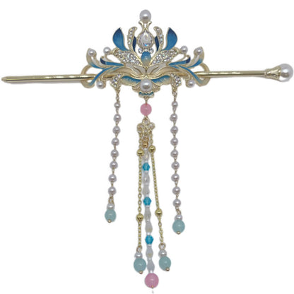  Blue lotus enamel hairpin with pearl tassels, traditional Chinese style.