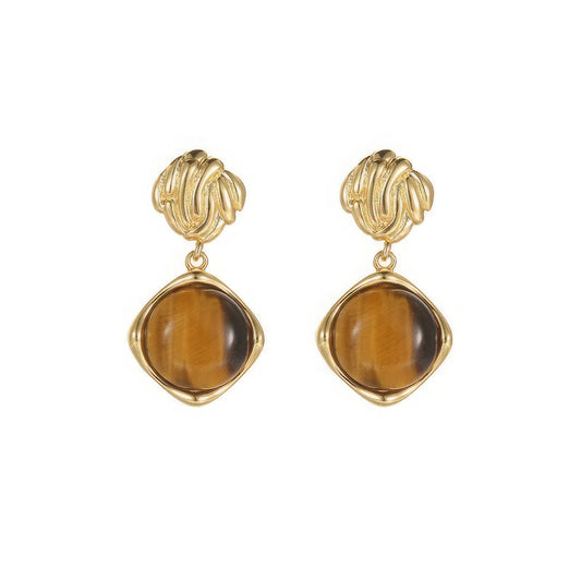 Brown tiger eye stone earrings, gold - tone, isolated on white background