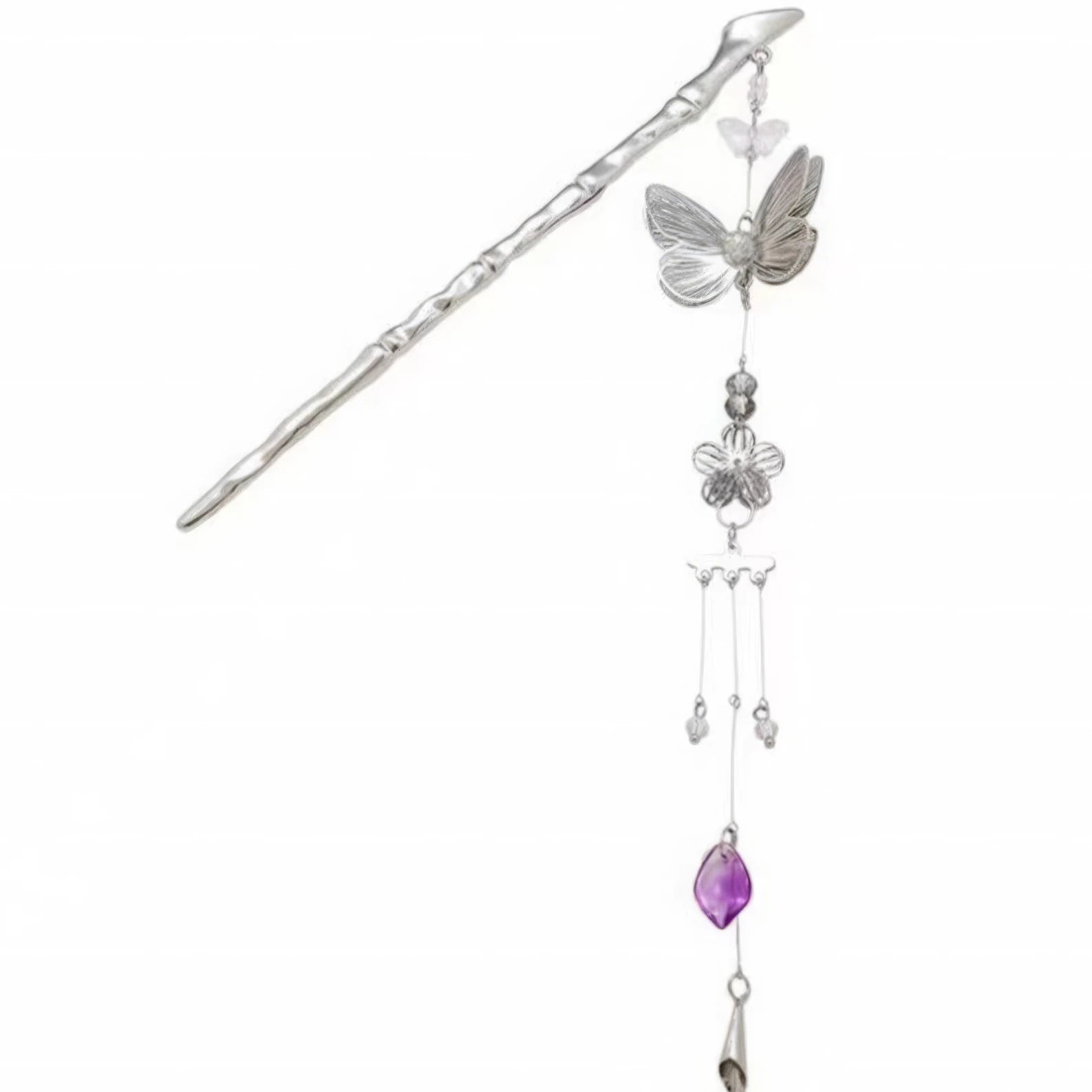 Silver butterfly amethyst tassel hairpin isolated on white background
