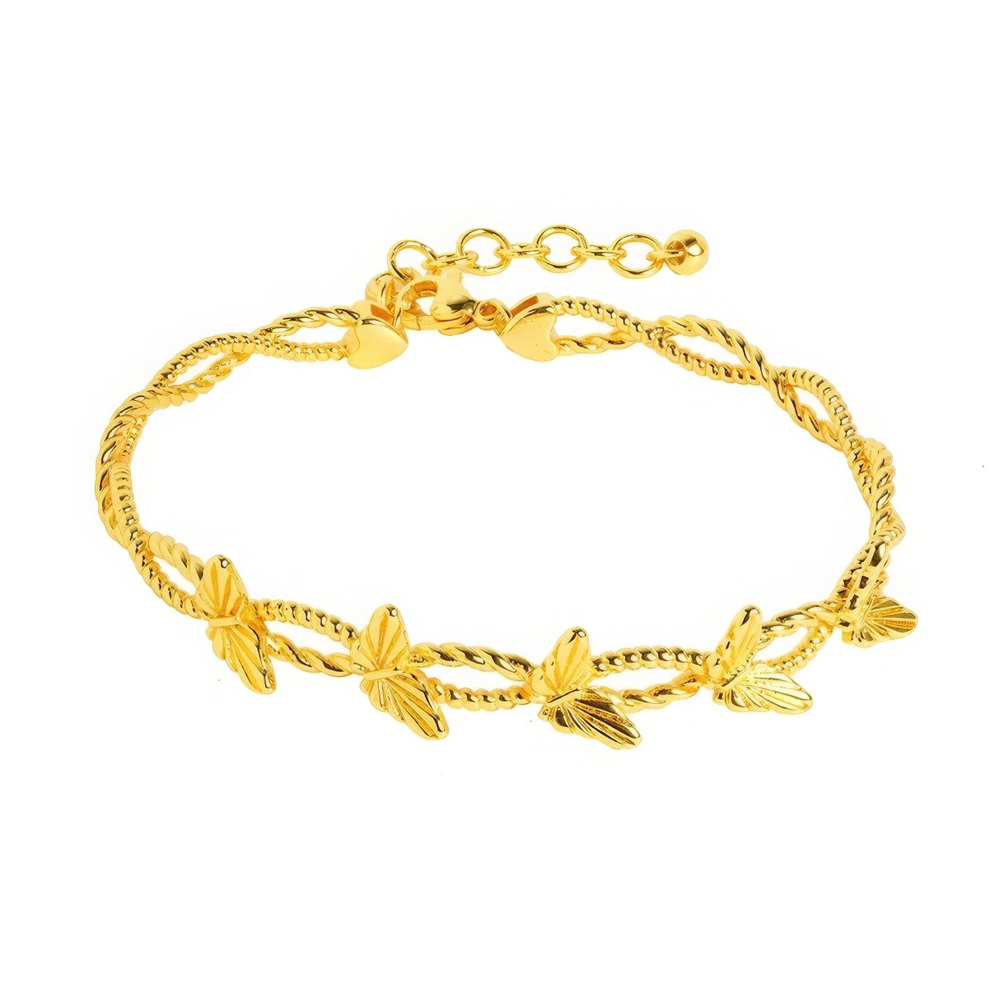 Gold butterfly bracelet, isolated on white background, showcasing delicate design
