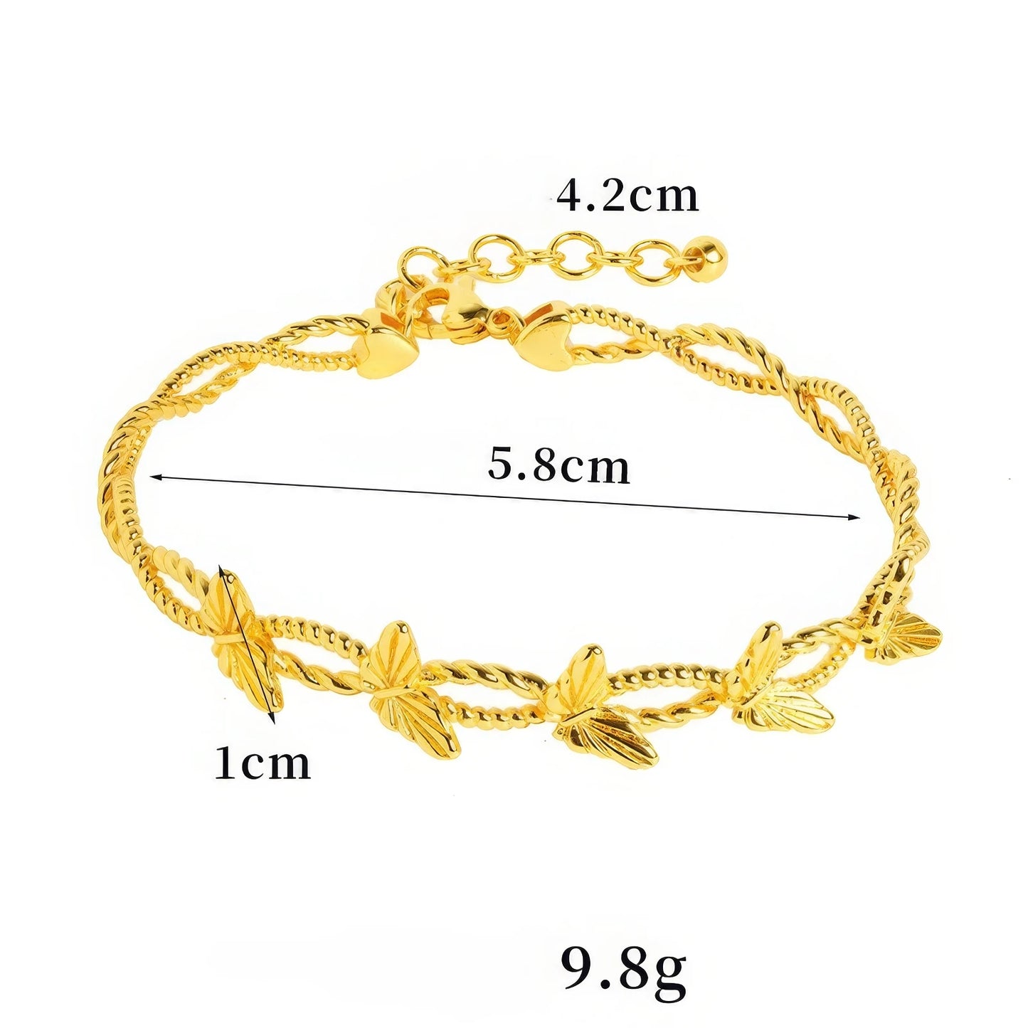 Gold butterfly bracelet with size specs (4.2cm x 5.8cm, 1cm width, 9.8g weight), isolated on white