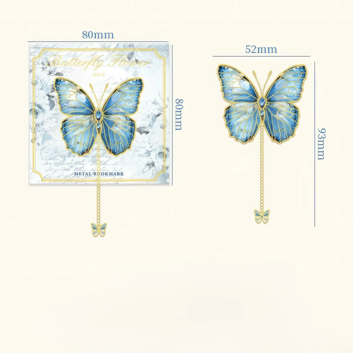 Blue butterfly - shaped bookmark in packaging, detailed realistic style, simple background