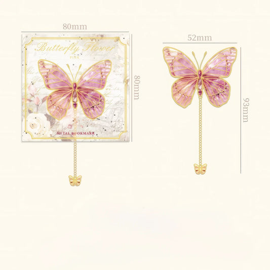 Pink butterfly - shaped bookmark in packaging, presented in a detailed realistic style on a simple background