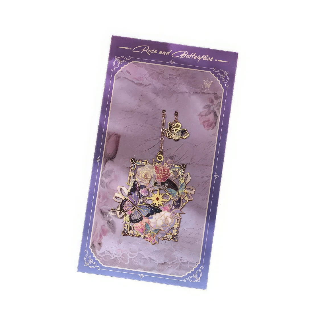 Butterfly - shaped metal lattice bookmark placed on an open book, on a vintage - textured table with a flower, realistic product display style, 3:4 ratio
