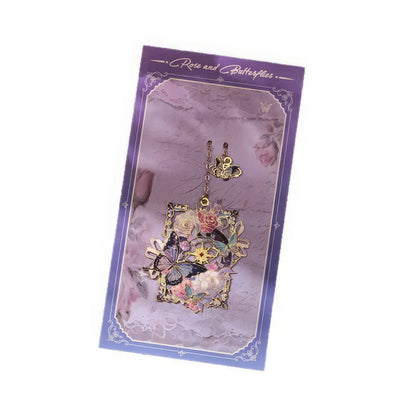 Butterfly - shaped metal lattice bookmark placed on an open book, on a vintage - textured table with a flower, realistic product display style, 3:4 ratio