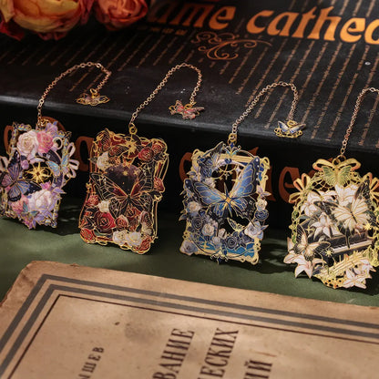 Butterfly - shaped metal lattice bookmark in pink packaging, displayed on a vintage - textured table with flower decoration, realistic product display style, 3:4 ratio