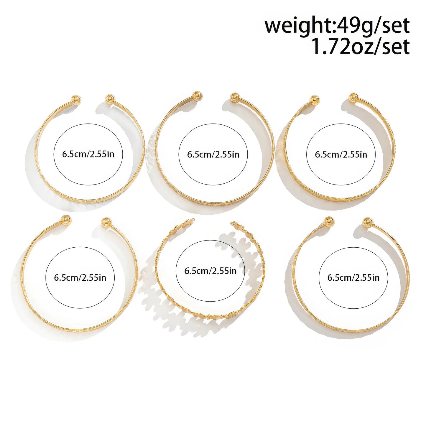 Set of gold carved pattern flower bangles with size (6.5cm/2.56inch, 6.5cm/2.56inch, 6.5cm/2.56inch, 6.5cm/2.56inch, 6.5cm/2.56inch, 6.5cm/2.56inch) and weight (40g/1.72oz) info