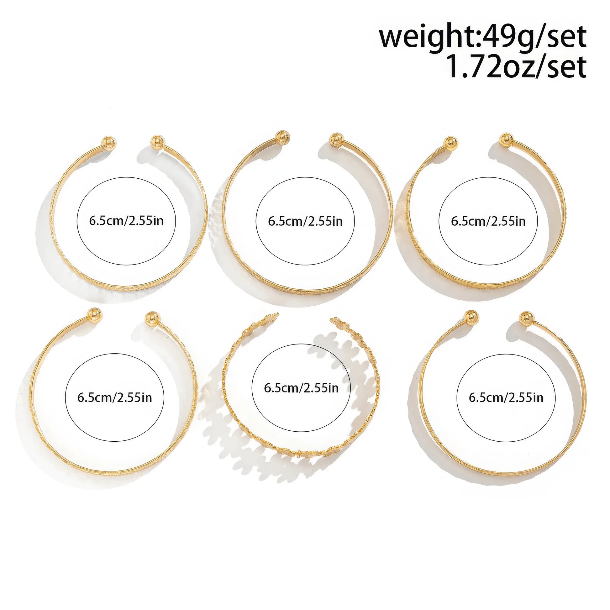 Set of gold carved pattern flower bangles with size (6.5cm/2.56inch, 6.5cm/2.56inch, 6.5cm/2.56inch, 6.5cm/2.56inch, 6.5cm/2.56inch, 6.5cm/2.56inch) and weight (40g/1.72oz) info