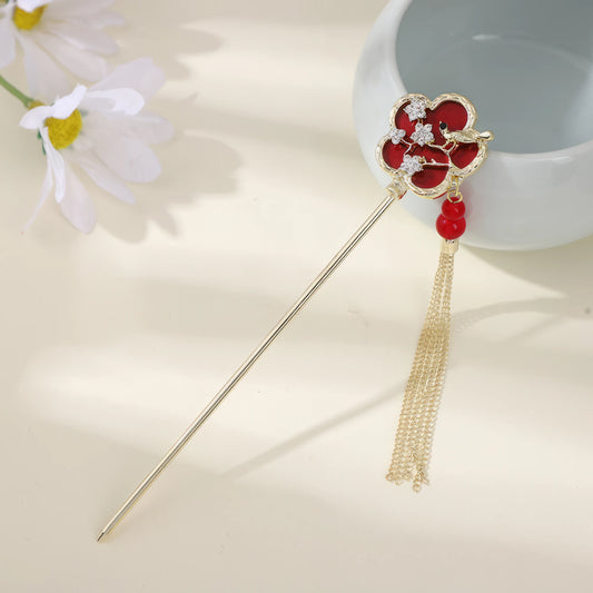Changanyi hairpin with red flower and gold tassel