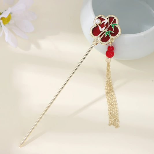 Changanyi hairpin with red blossom and gold tassel