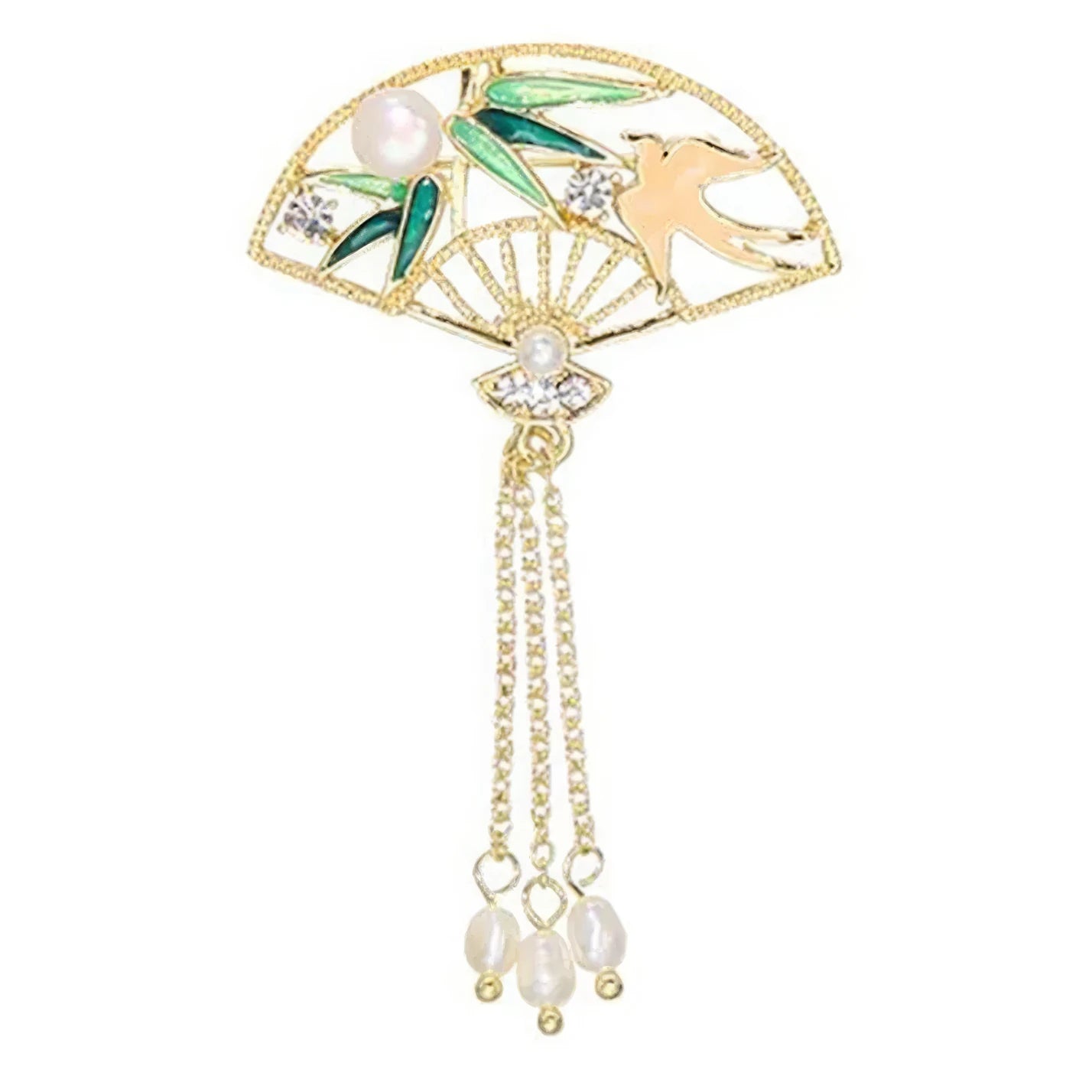 Green bamboo-patterned fan-shaped Chinese-style brooch with bird motif and jade tassels, on white background