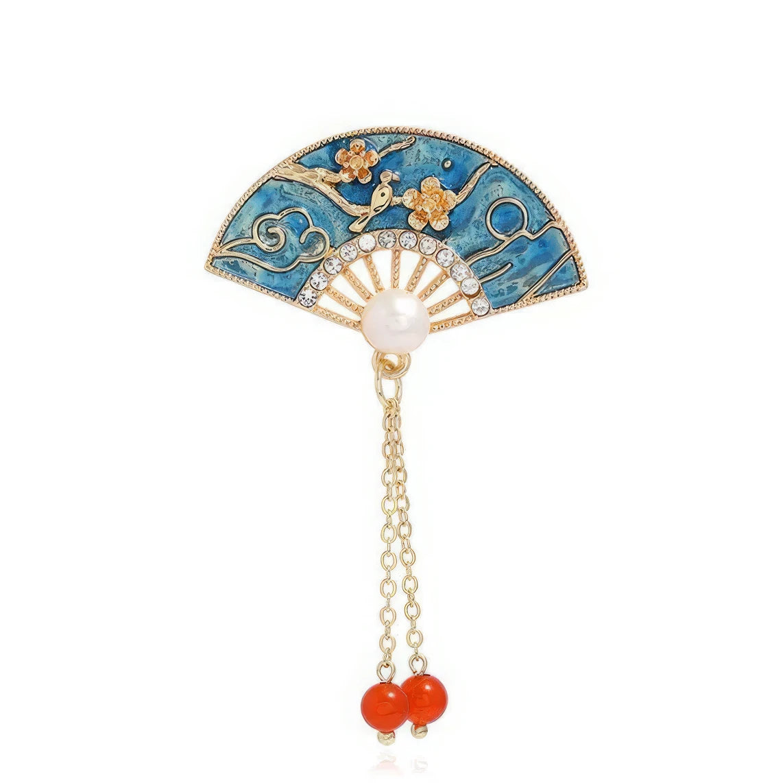 Fan - shaped Chinese - style flower tassel brooch with blue decorations, on wooden background