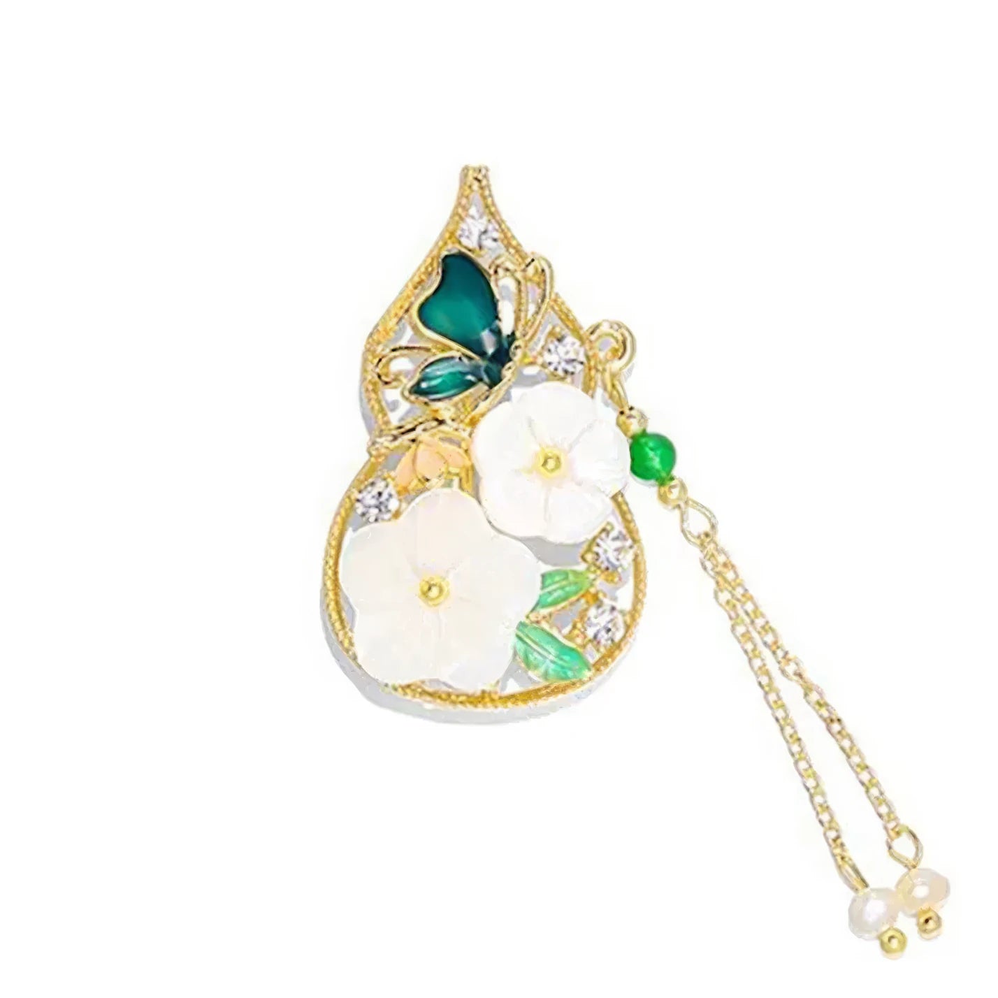 Red gourd-shaped Chinese-style flower tassel brooch with floral patterns and beaded tassels, on white background