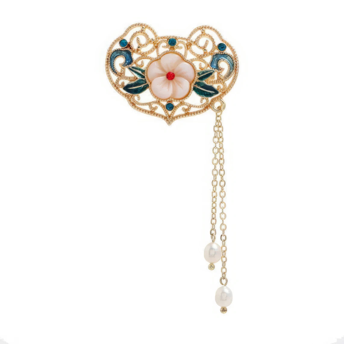Heart - shaped Chinese - style flower tassel brooch with flower decoration, on wooden background