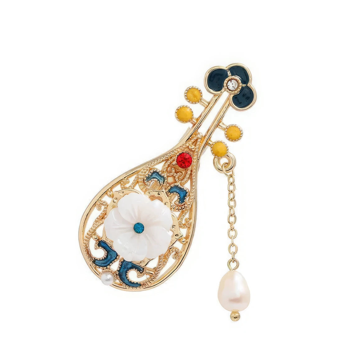 Lute - shaped Chinese - style flower tassel brooch with colorful decorations, on wooden background