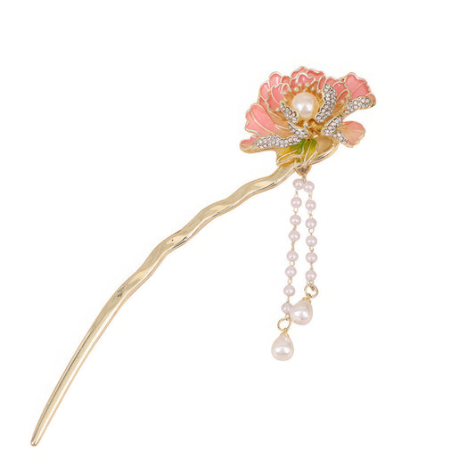 Chukaijinxiu U - shaped hairpin, pink flower with pearl tassel, white background
