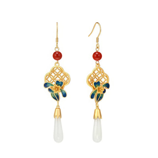 Cloisonne enamel nephrite drop earrings, gold - tone details, isolated on white background