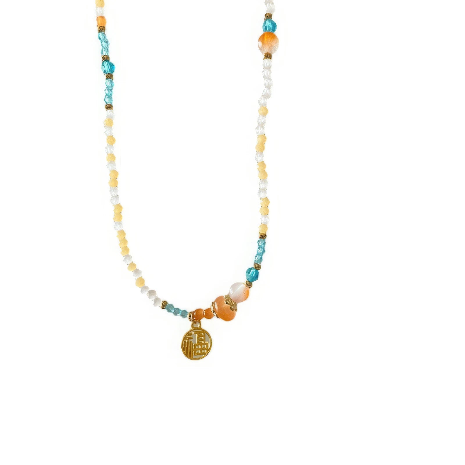 Colorful beaded necklace with gold pendant, isolated on white background