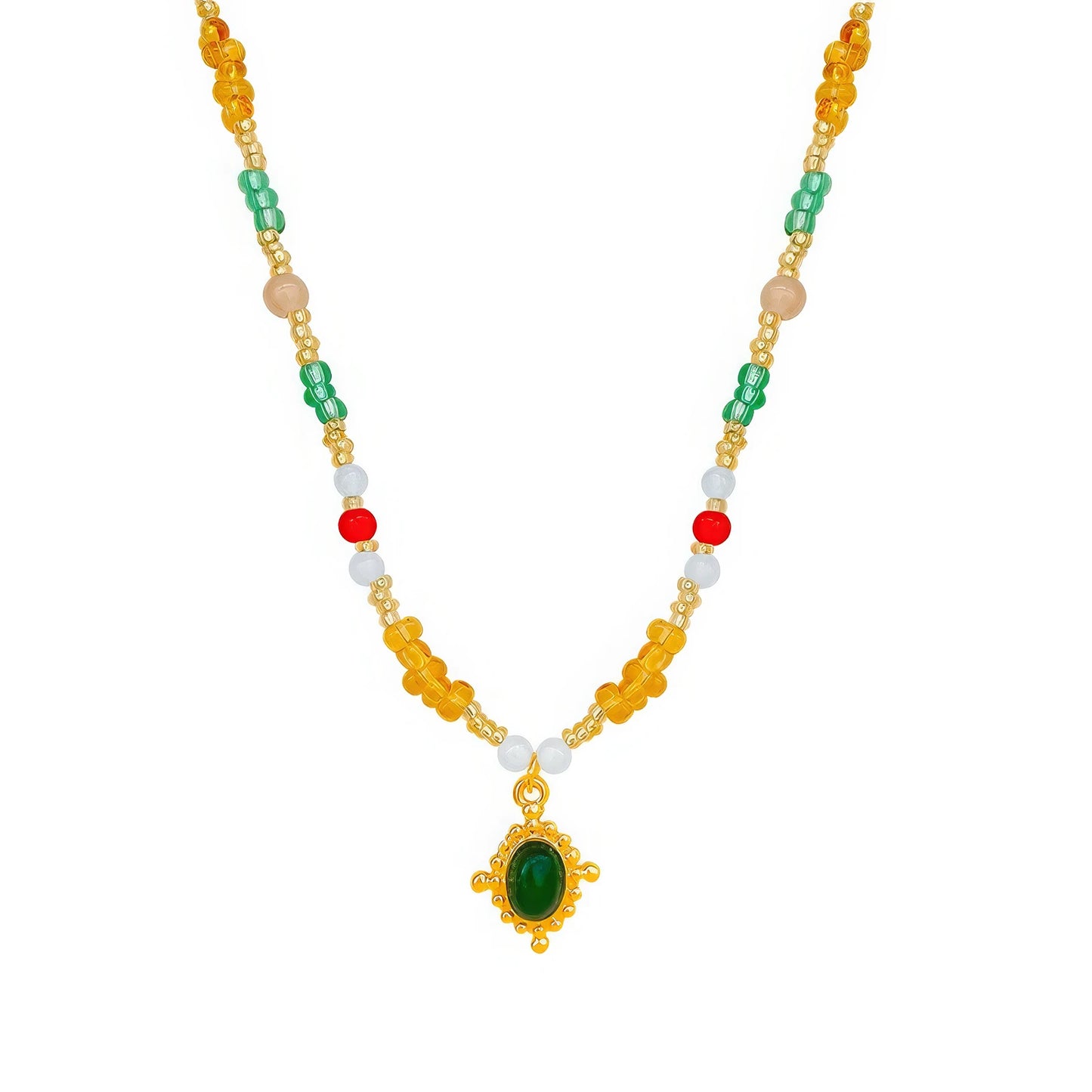 Colorful beaded pendant necklace, isolated on white background, highlighting the vibrant bead arrangement and pendant