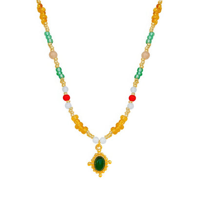 Colorful beaded pendant necklace, isolated on white background, highlighting the vibrant bead arrangement and pendant