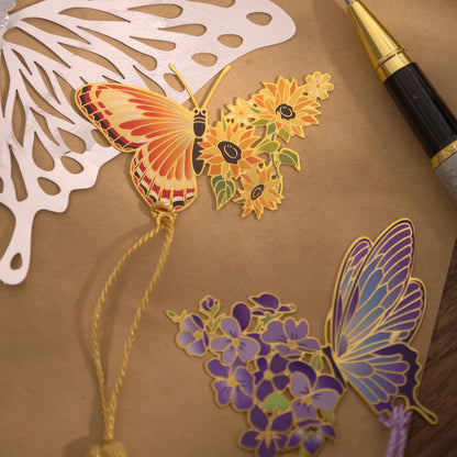 Colorful butterfly metal bookmark with yellow flowers and hollow - out design