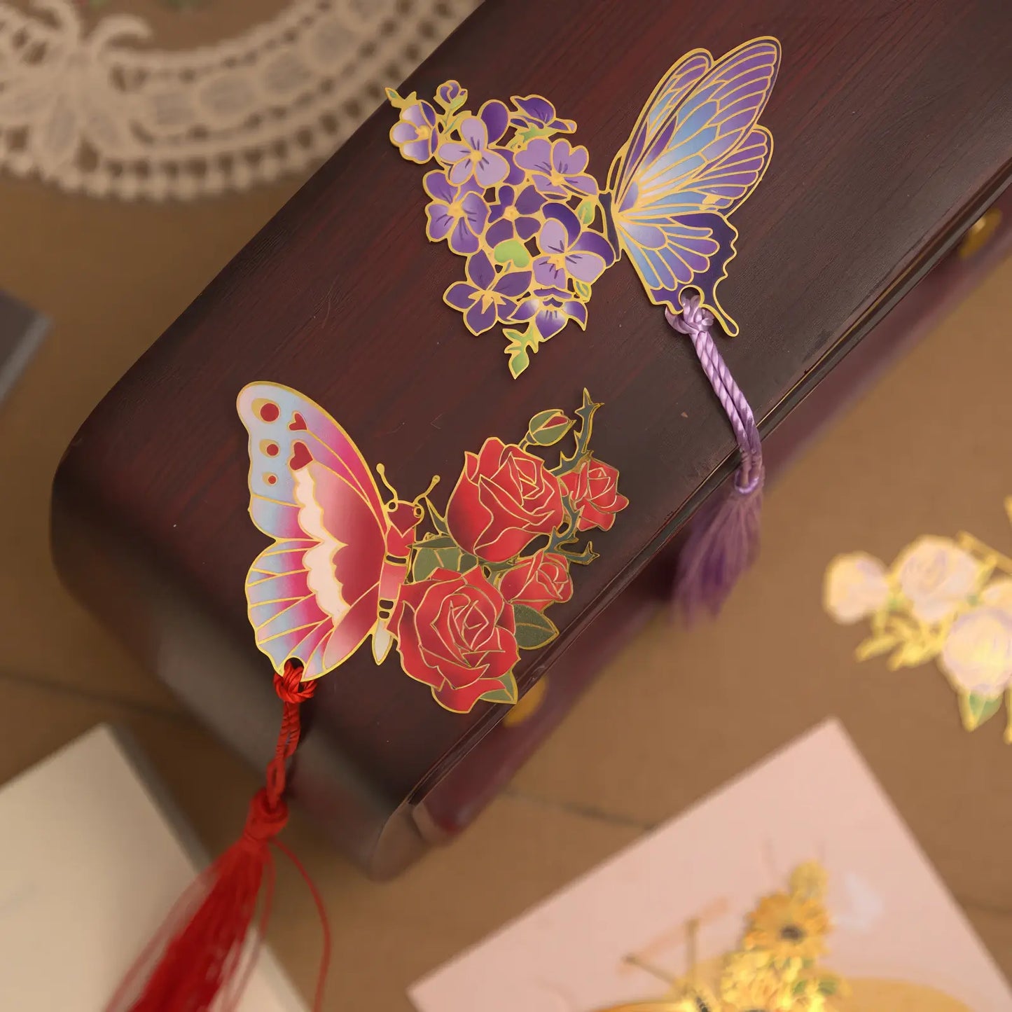 Colorful butterfly metal hollow - out bookmark with purple tassel