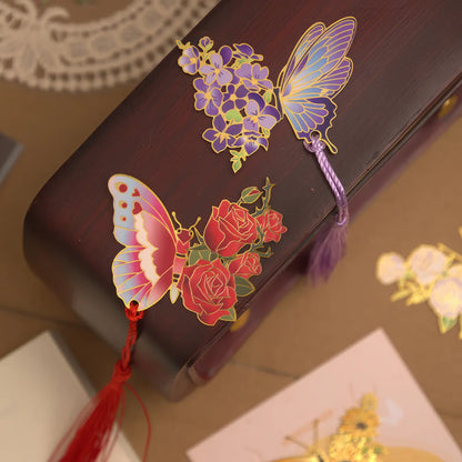 Colorful butterfly metal hollow - out bookmark with purple tassel
