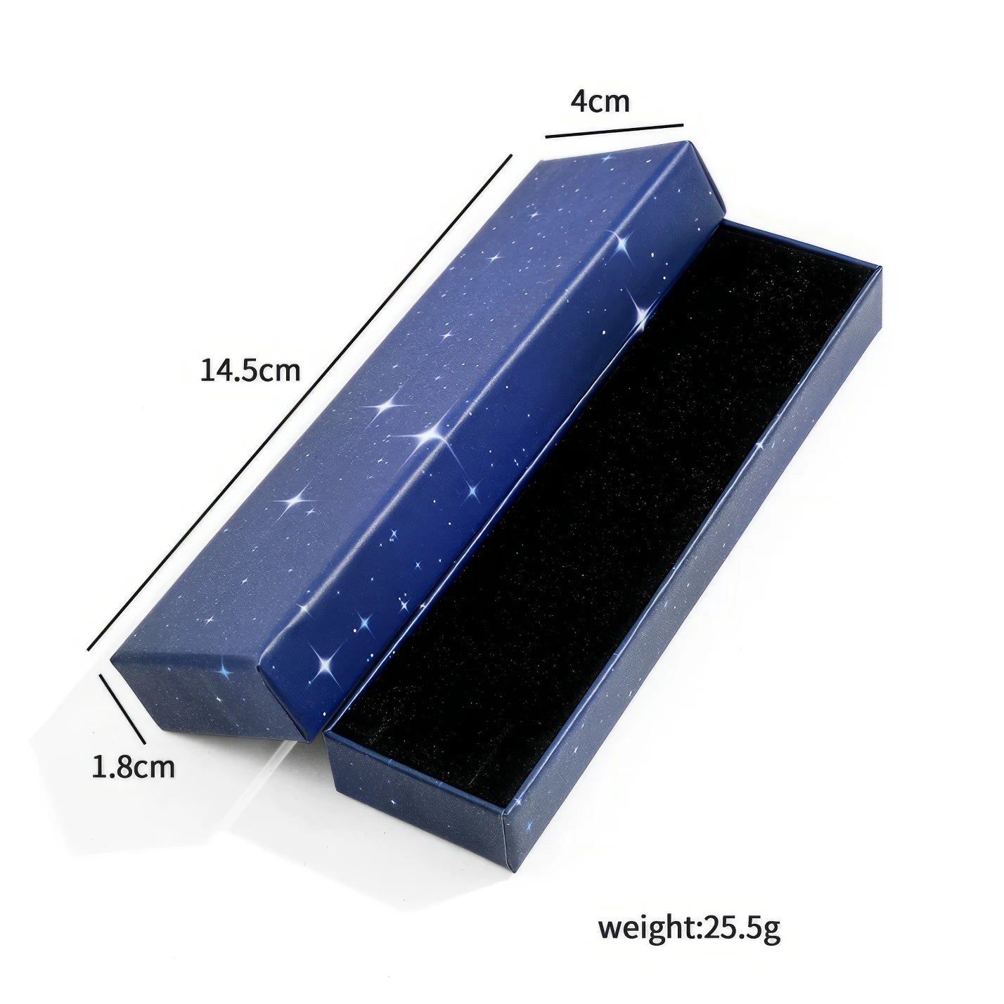 Compass metal bookmark with blue starry box, size and weight specs, isolated on white