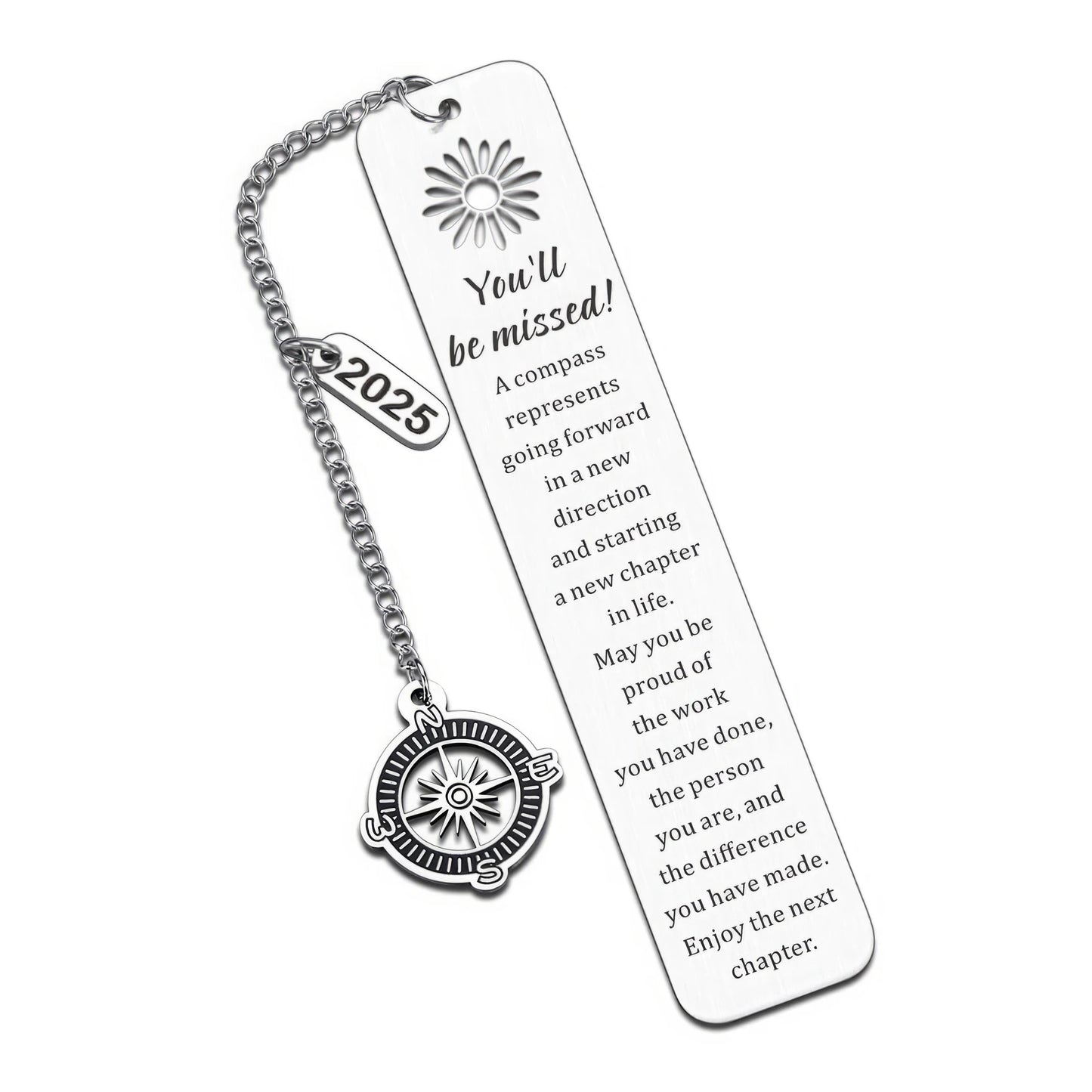 Compass metal bookmark with chain and quote, isolated on white
