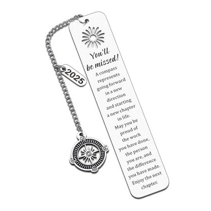 Compass metal bookmark with chain and quote, isolated on white
