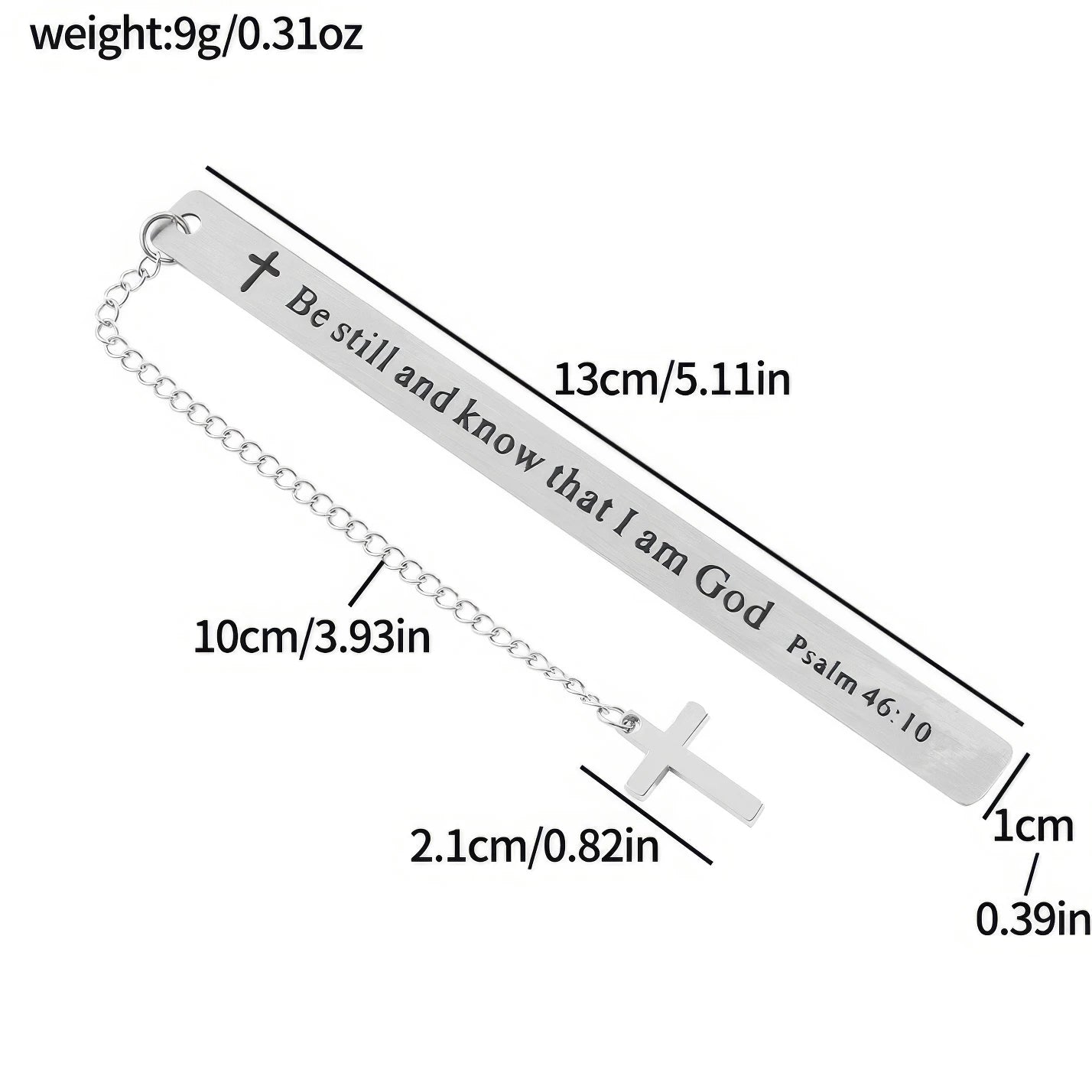 Cross metal bookmark with size and weight specs, isolated on white