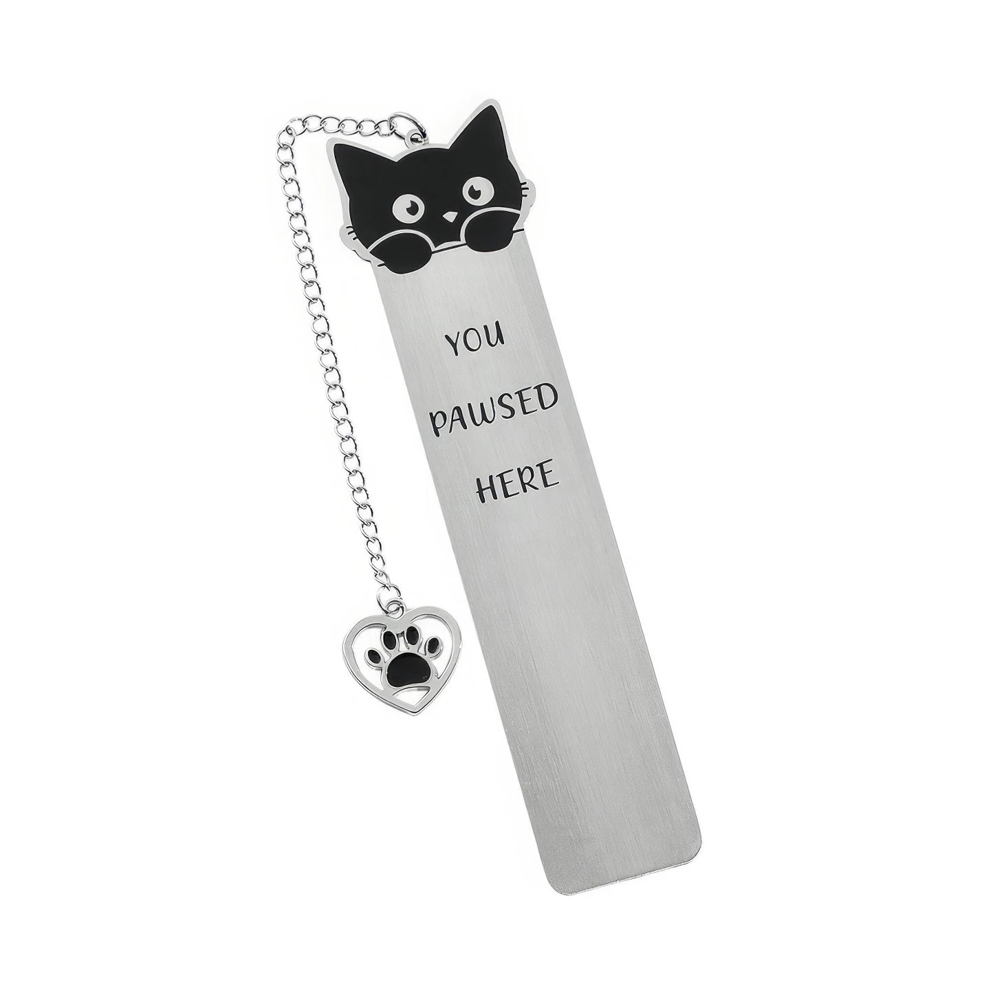 Cute cat stainless steel bookmark with chain and paw charm, isolated on white background