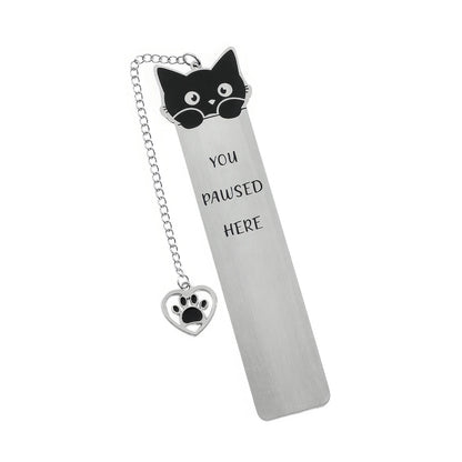 Cute cat stainless steel bookmark with chain and paw charm, isolated on white background