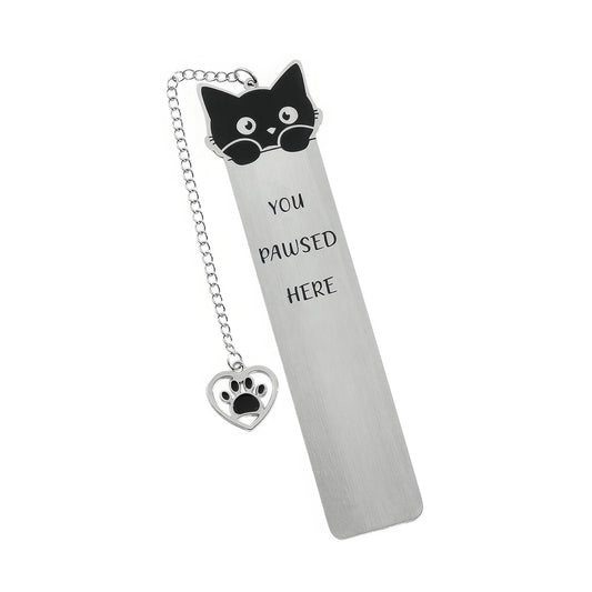 Cute cat stainless steel bookmark with chain and paw charm, isolated on white background