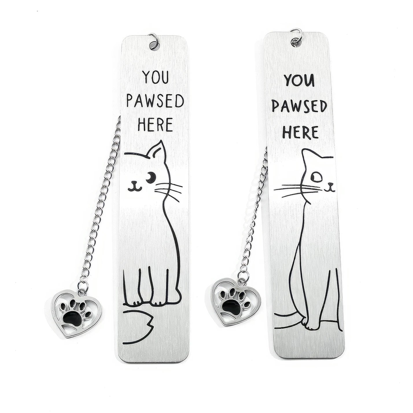 Two cute cat stainless steel bookmarks with chain and paw charm, isolated on white background