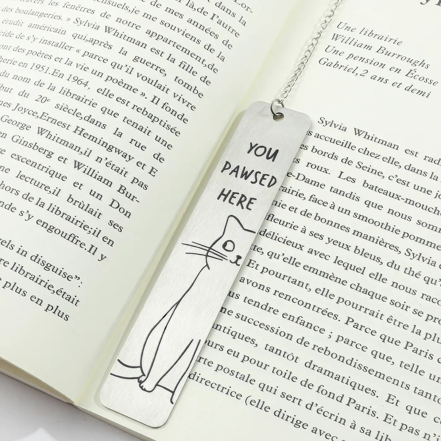 Cute cat stainless steel bookmark with chain and paw charm, placed in open book, white background