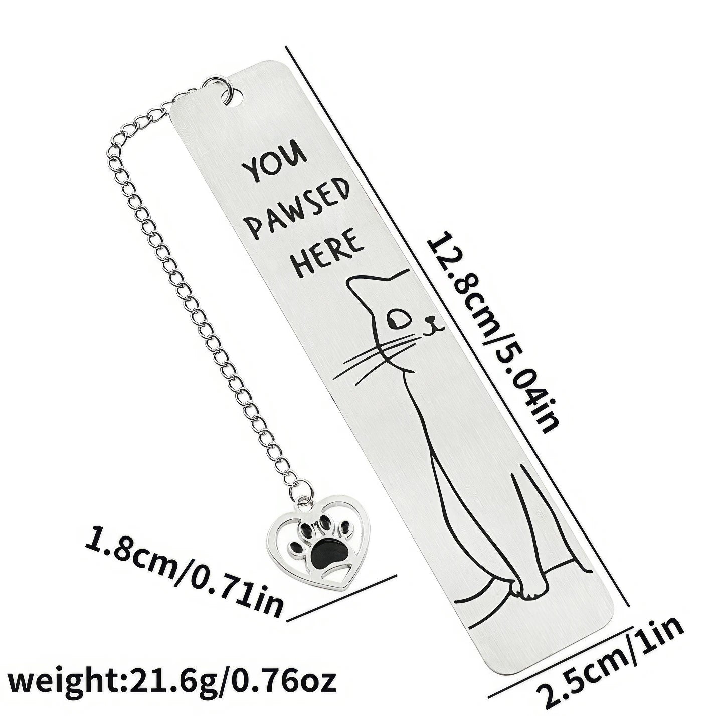 Cute cat stainless steel bookmark with chain charm, size and weight specs, isolated on white