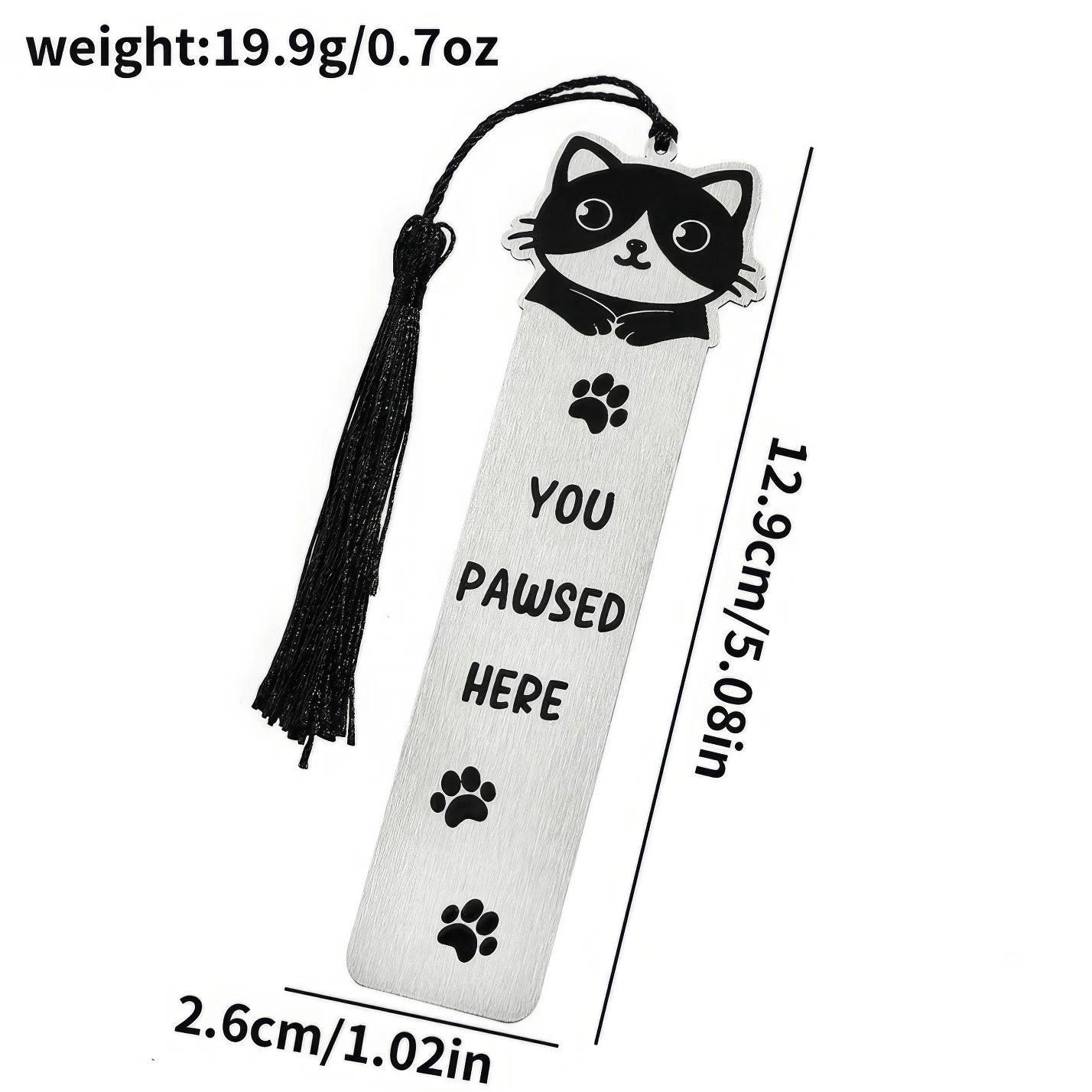 Cute cat stainless steel bookmark with tassel, size and weight specs, isolated on white