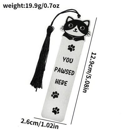 Cute cat stainless steel bookmark with tassel, size and weight specs, isolated on white