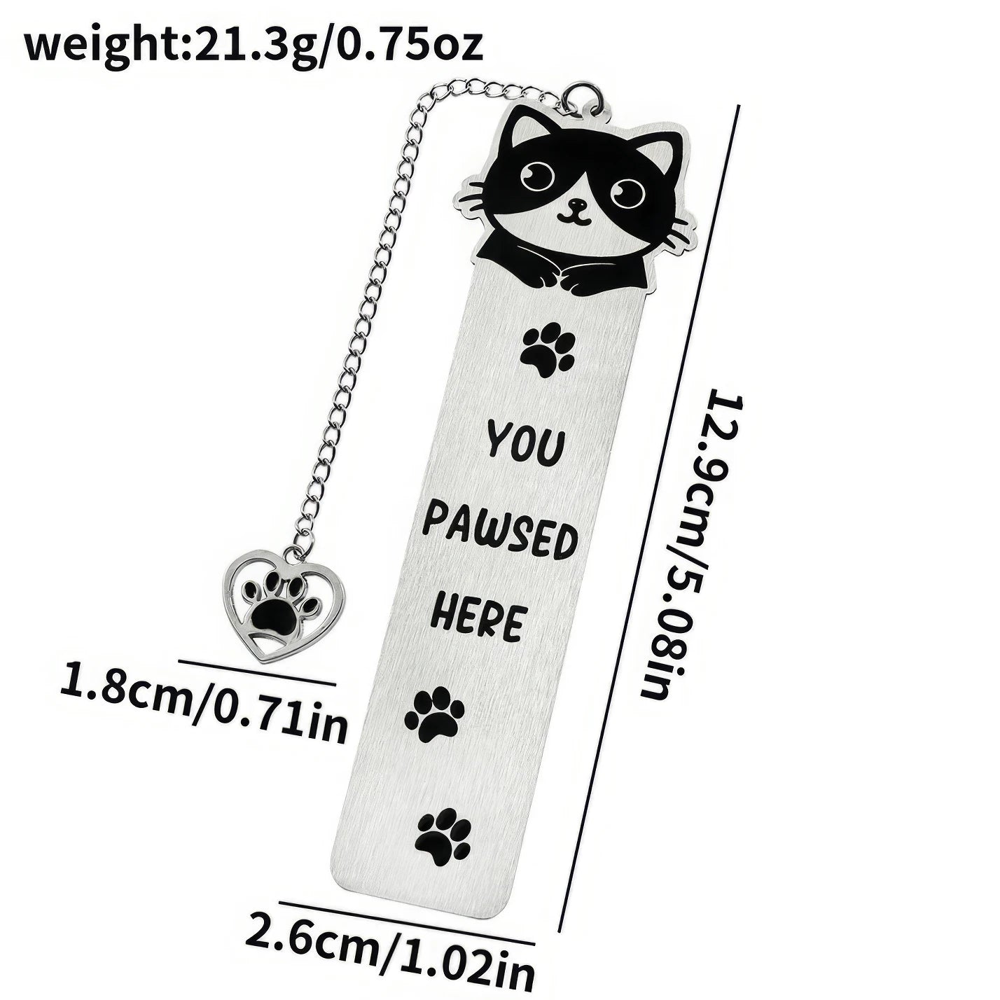 Cute cat stainless steel bookmark with paw charm, size and weight specs, isolated on white