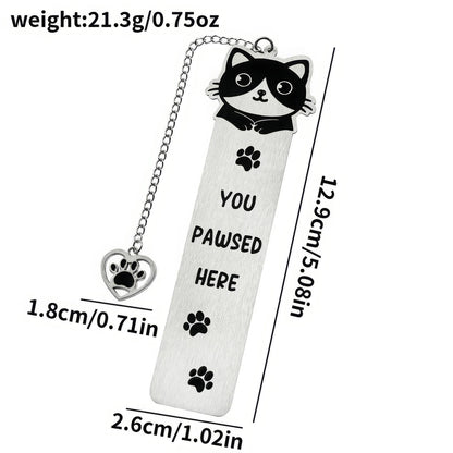 Cute cat stainless steel bookmark with paw charm, size and weight specs, isolated on white