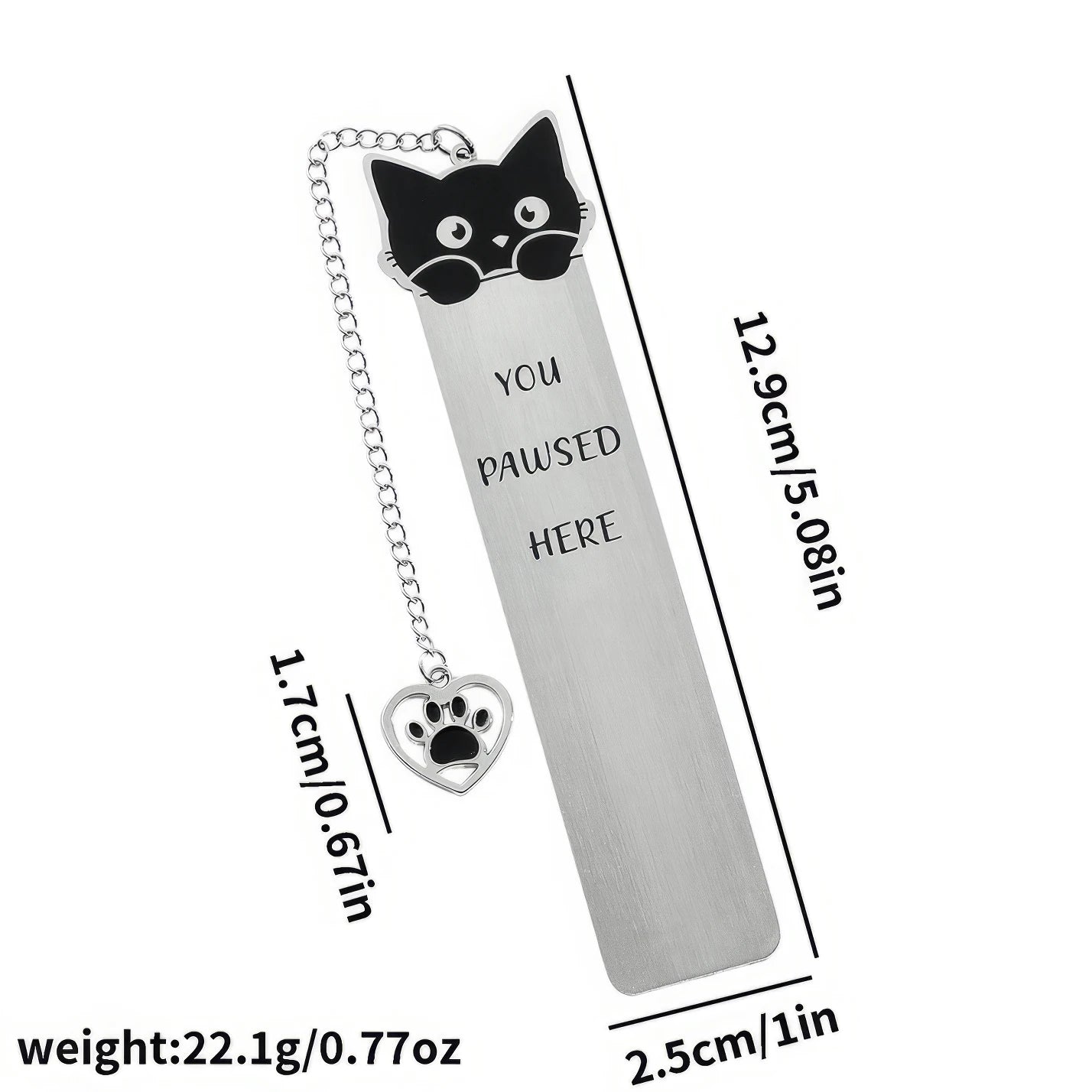 Cute cat stainless steel bookmark with black face, size and weight specs, isolated on white