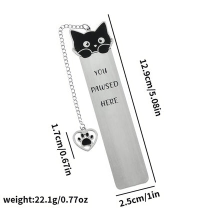 Cute cat stainless steel bookmark with black face, size and weight specs, isolated on white