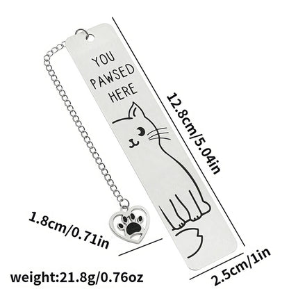 Cute cat stainless steel bookmark with chain charm, size and weight specs, isolated on white