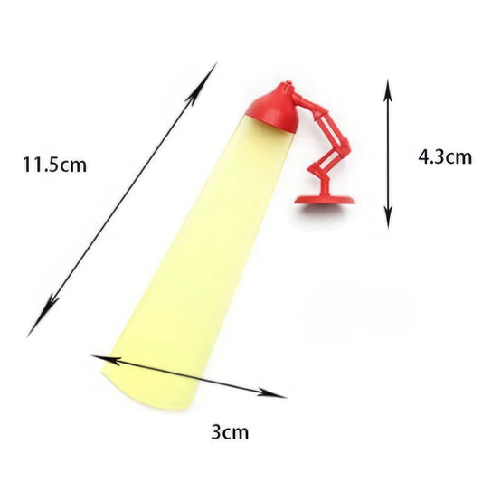 Red - and - yellow desk lamp - shaped bookmark with size specs, isolated on white background