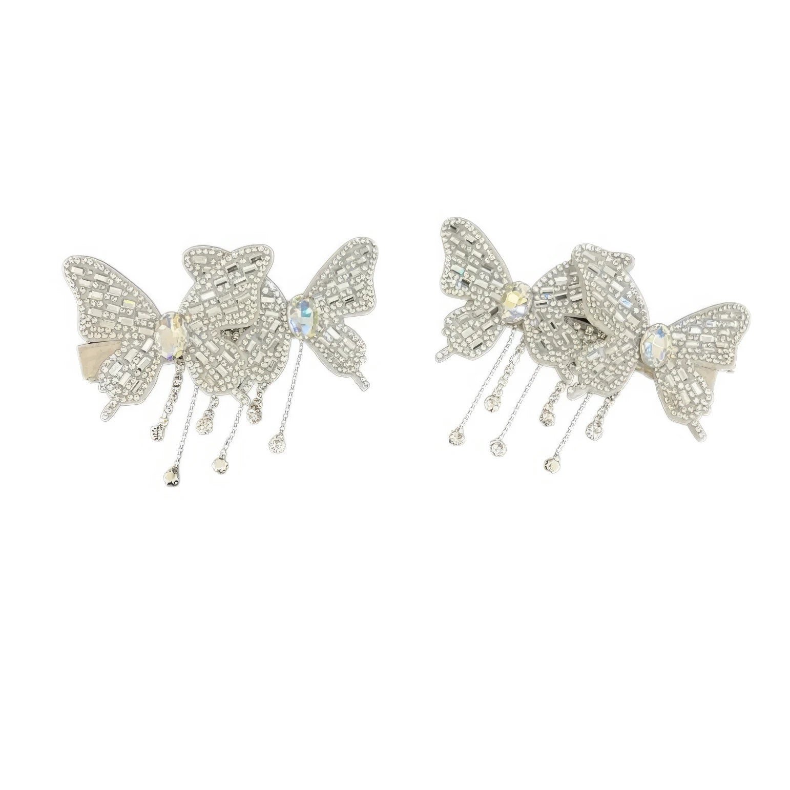 Silver double butterfly tassel hair clips isolated on white background