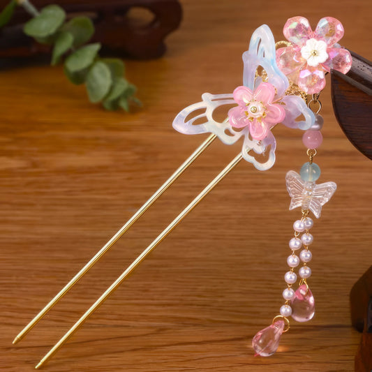 Dream Butterfly hairpin with pink pearl and butterfly, wooden background