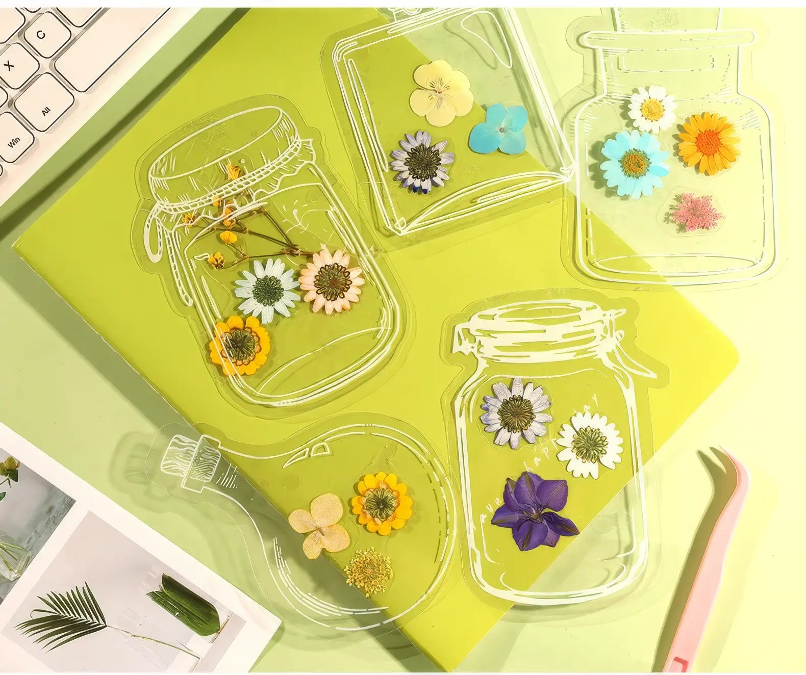 Transparent bookmark with jar outlines, filled with mixed pressed flowers, on green background